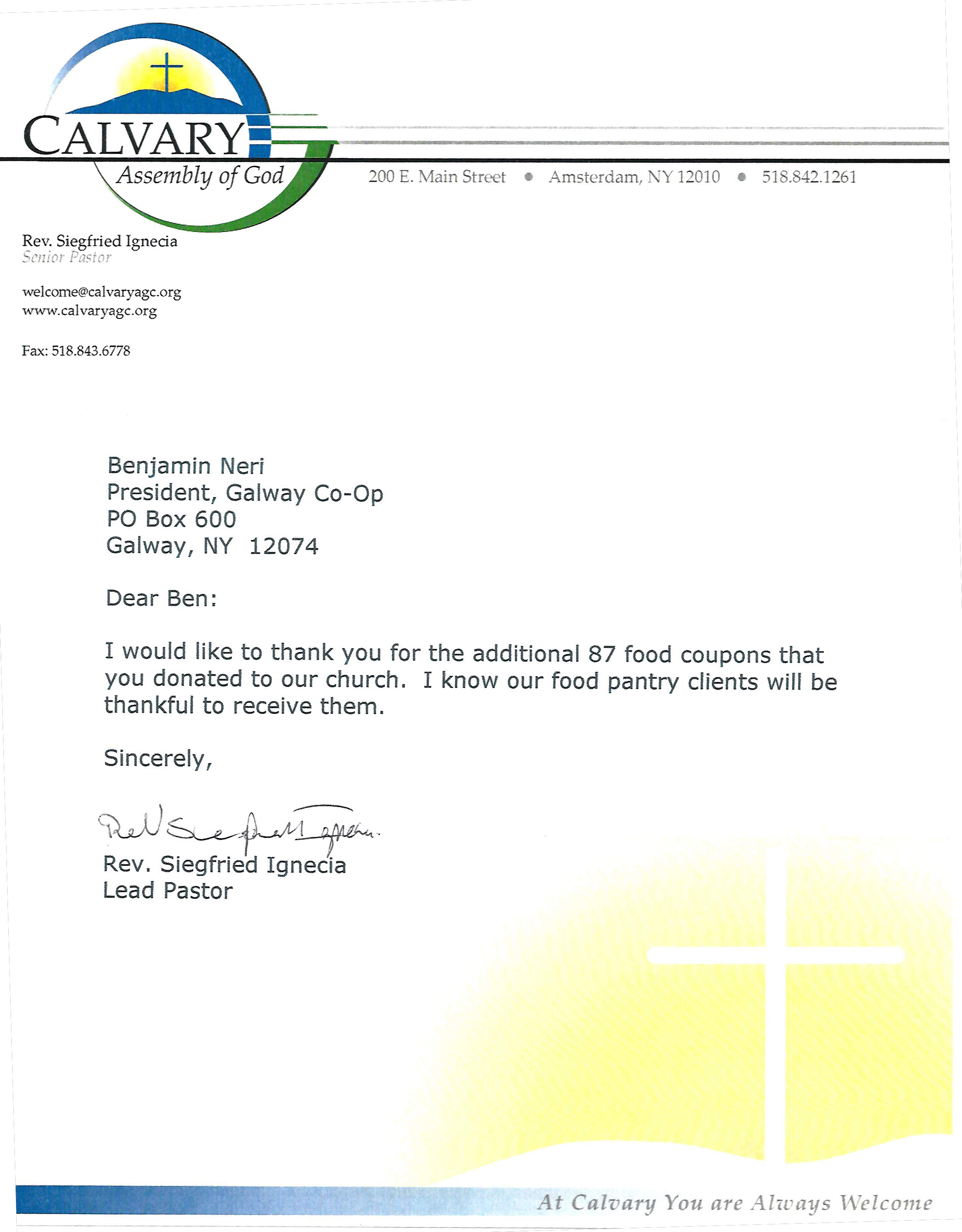 Calvary Food Pantry Letter